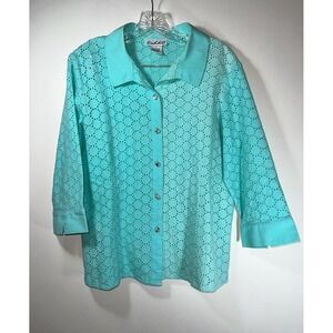 Birch‎ Hill top womens sz large 3/4 sleeve button up collared Faux Jewel buttons